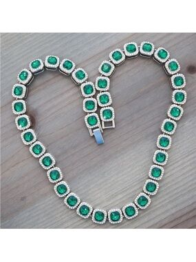 Emerald Green Halo Tennis Necklace - Women Jewelry Necklaces